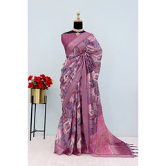 Mayawye Women's Linen Digital Print Saree With Unstitched Blouse 5.5Mtr (Pink)