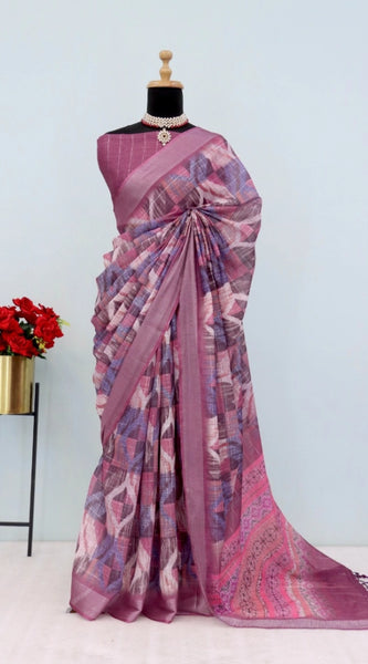 Mayawye Women's Linen Digital Print Saree With Unstitched Blouse 5.5Mtr (Pink)