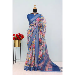 Mayawye Women's Linen Digital Print Saree With Unstitched Blouse 5.5Mtr (Blue)