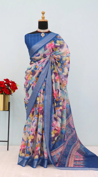 Mayawye Women's Linen Digital Print Saree With Unstitched Blouse 5.5Mtr (Blue)