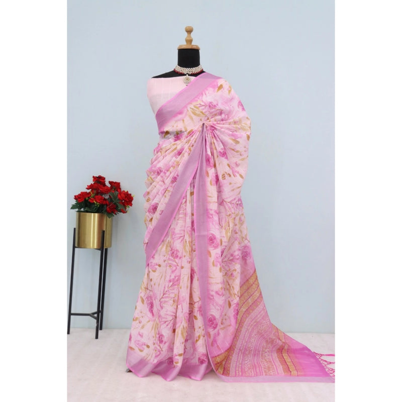 Mayawye Women's Linen Digital Print Saree With Unstitched Blouse 5.5Mtr (Pink)