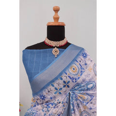 Mayawye Women's Linen Digital Print Saree With Unstitched Blouse 5.5Mtr (Blue)