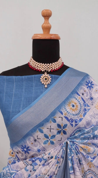 Mayawye Women's Linen Digital Print Saree With Unstitched Blouse 5.5Mtr (Blue)