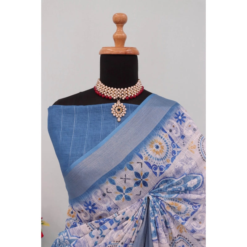 Mayawye Women's Linen Digital Print Saree With Unstitched Blouse 5.5Mtr (Blue)
