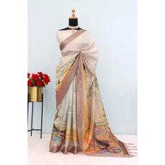 Mayawye Women's Linen Digital Print Saree With Unstitched Blouse 5.5Mtr (Multicolor)