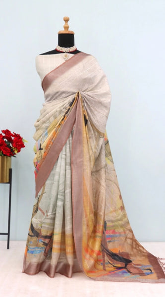 Mayawye Women's Linen Digital Print Saree With Unstitched Blouse 5.5Mtr (Multicolor)