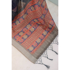 Mayawye Women's Linen Digital Print Saree With Unstitched Blouse 5.5Mtr (Blue)