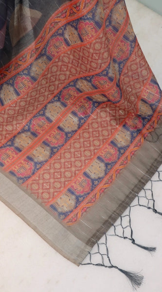 Mayawye Women's Linen Digital Print Saree With Unstitched Blouse 5.5Mtr (Blue)
