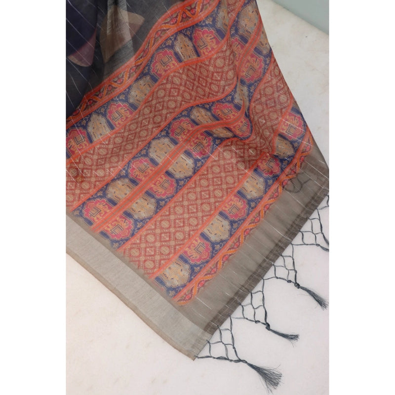 Mayawye Women's Linen Digital Print Saree With Unstitched Blouse 5.5Mtr (Blue)
