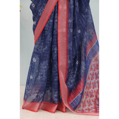 Mayawye Women's Linen Digital Print Saree With Unstitched Blouse 5.5Mtr (Blue)