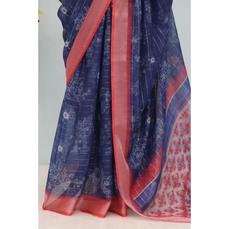 Mayawye Women's Linen Digital Print Saree With Unstitched Blouse 5.5Mtr (Blue)