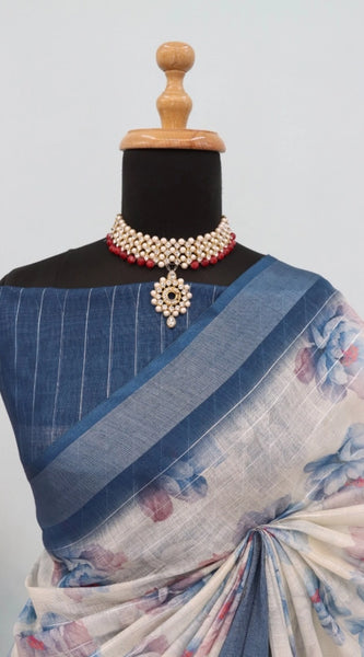 Mayawye Women's Linen Digital Print Saree With Unstitched Blouse 5.5Mtr (Blue)