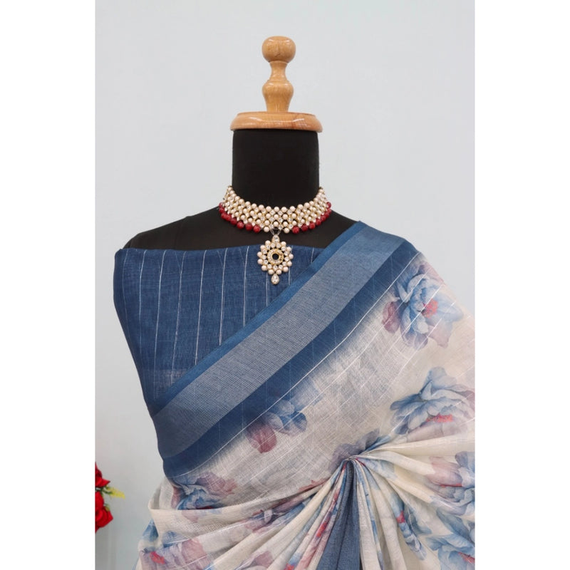 Mayawye Women's Linen Digital Print Saree With Unstitched Blouse 5.5Mtr (Blue)