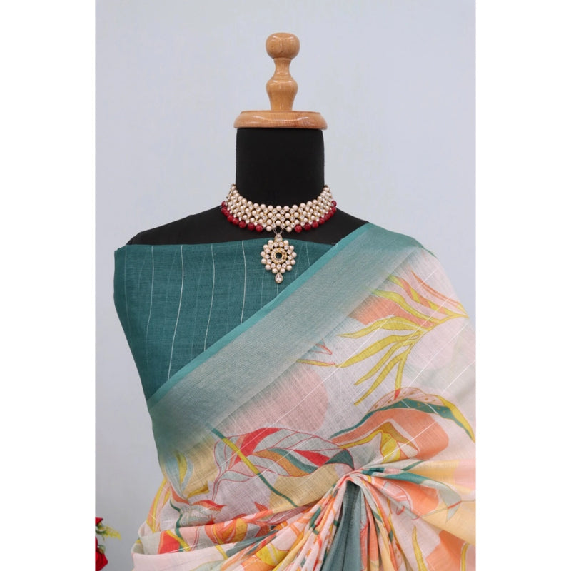 Mayawye Women's Linen Digital Print Saree With Unstitched Blouse 5.5Mtr (Green)