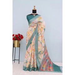 Mayawye Women's Linen Digital Print Saree With Unstitched Blouse 5.5Mtr (Green)