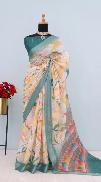 Mayawye Women's Linen Digital Print Saree With Unstitched Blouse 5.5Mtr (Green)