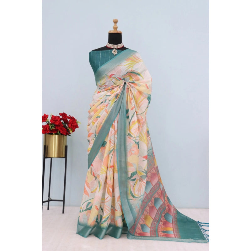 Mayawye Women's Linen Digital Print Saree With Unstitched Blouse 5.5Mtr (Green)