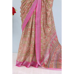 Mayawye Women's Linen Digital Print Saree With Unstitched Blouse 5.5Mtr (Pink)