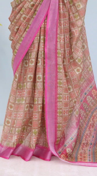 Mayawye Women's Linen Digital Print Saree With Unstitched Blouse 5.5Mtr (Pink)