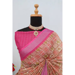Mayawye Women's Linen Digital Print Saree With Unstitched Blouse 5.5Mtr (Pink)