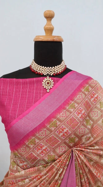 Mayawye Women's Linen Digital Print Saree With Unstitched Blouse 5.5Mtr (Pink)