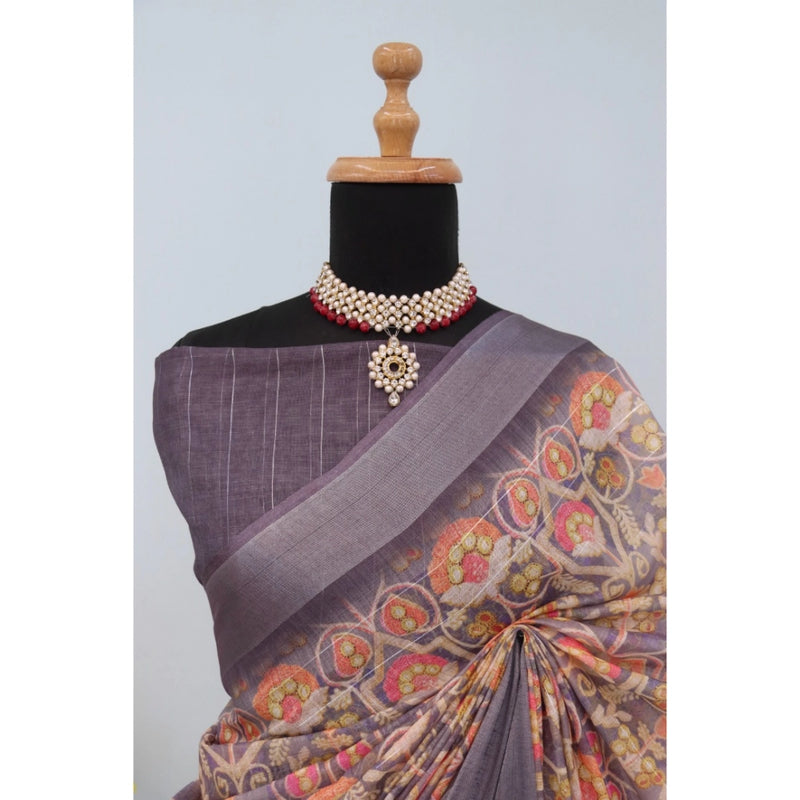 Mayawye Women's Linen Digital Print Saree With Unstitched Blouse 5.5Mtr (Grey)