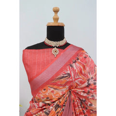Mayawye Women's Linen Digital Print Saree With Unstitched Blouse 5.5Mtr (Pink)