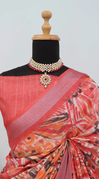 Mayawye Women's Linen Digital Print Saree With Unstitched Blouse 5.5Mtr (Pink)