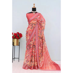 Mayawye Women's Linen Digital Print Saree With Unstitched Blouse 5.5Mtr (Pink)