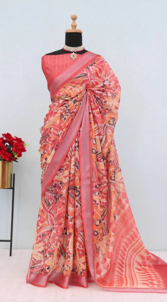 Mayawye Women's Linen Digital Print Saree With Unstitched Blouse 5.5Mtr (Pink)
