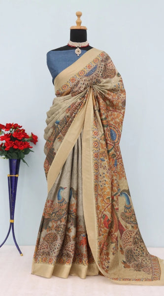 Mayawye Women's Mysore Silk  Digital Print Saree With Unstitched Blouse 5.5Mtr (Beige)
