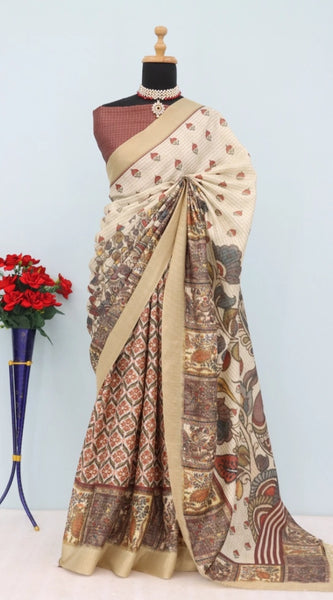 Mayawye Women's Mysore Silk  Digital Print Saree With Unstitched Blouse 5.5Mtr (Beige)