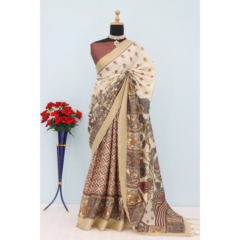 Mayawye Women's Mysore Silk  Digital Print Saree With Unstitched Blouse 5.5Mtr (Beige)