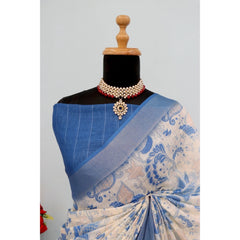 Mayawye Women's Linen Digital Print Saree With Unstitched Blouse 5.5Mtr (Blue)