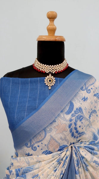 Mayawye Women's Linen Digital Print Saree With Unstitched Blouse 5.5Mtr (Blue)