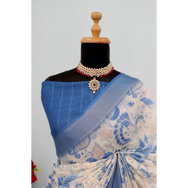 Mayawye Women's Linen Digital Print Saree With Unstitched Blouse 5.5Mtr (Blue)