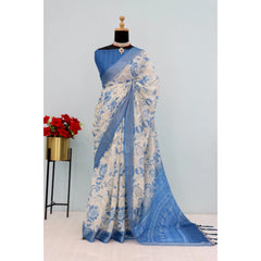 Mayawye Women's Linen Digital Print Saree With Unstitched Blouse 5.5Mtr (Blue)