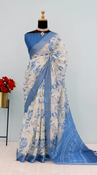 Mayawye Women's Linen Digital Print Saree With Unstitched Blouse 5.5Mtr (Blue)