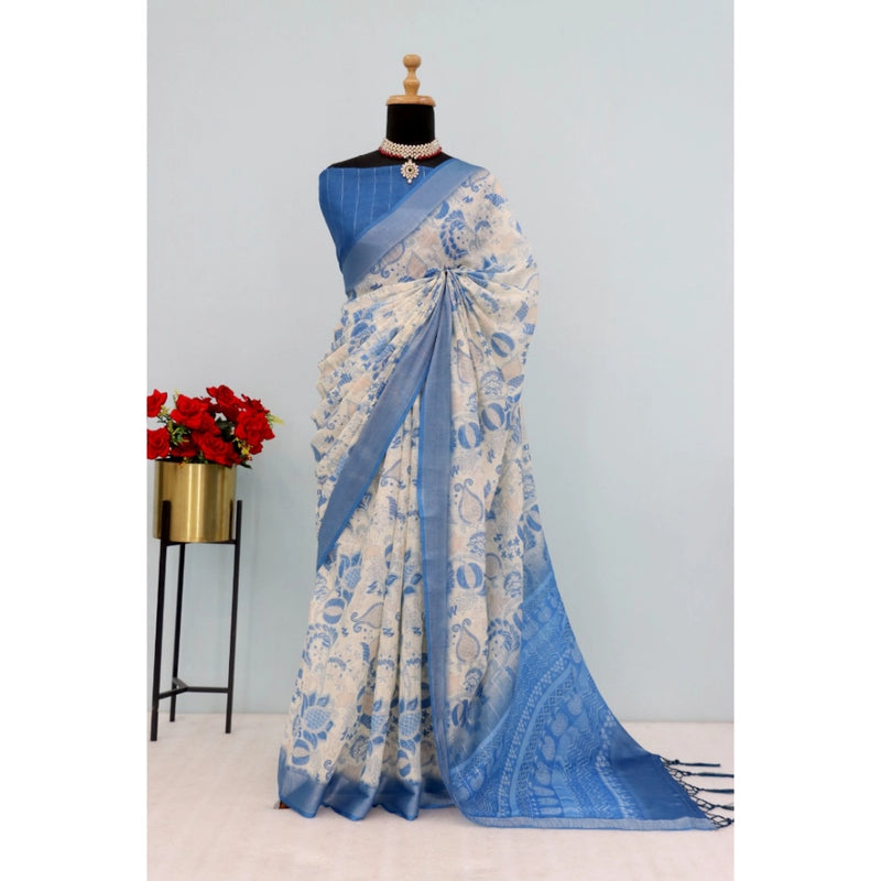 Mayawye Women's Linen Digital Print Saree With Unstitched Blouse 5.5Mtr (Blue)