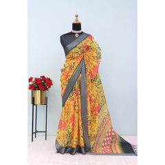 Mayawye Women's Linen Digital Print Saree With Unstitched Blouse 5.5Mtr (Multicolor)
