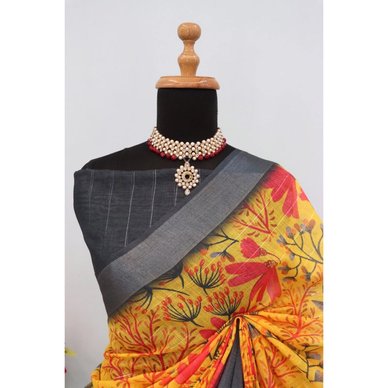 Mayawye Women's Linen Digital Print Saree With Unstitched Blouse 5.5Mtr (Multicolor)