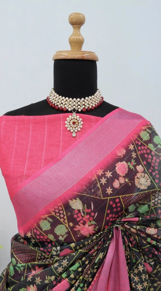 Mayawye Women's Linen Digital Print Saree With Unstitched Blouse 5.5Mtr (Multicolor)