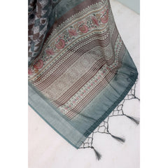 Mayawye Women's Linen Digital Print Saree With Unstitched Blouse 5.5Mtr (Grey)