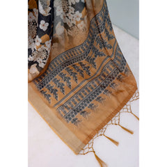 Mayawye Women's Linen Digital Print Saree With Unstitched Blouse 5.5Mtr (Black)