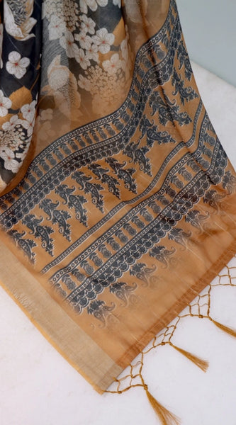 Mayawye Women's Linen Digital Print Saree With Unstitched Blouse 5.5Mtr (Black)