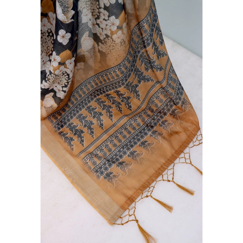 Mayawye Women's Linen Digital Print Saree With Unstitched Blouse 5.5Mtr (Black)