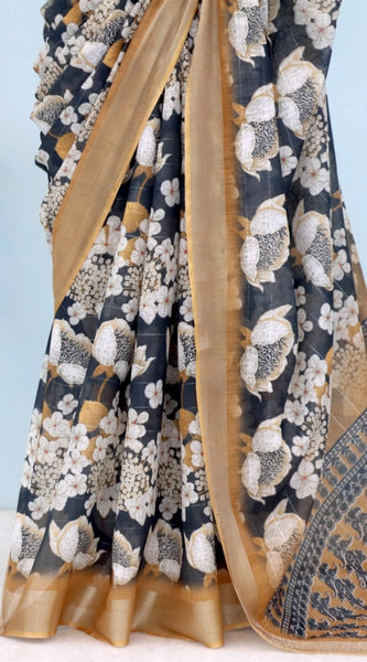 Mayawye Women's Linen Digital Print Saree With Unstitched Blouse 5.5Mtr (Black)