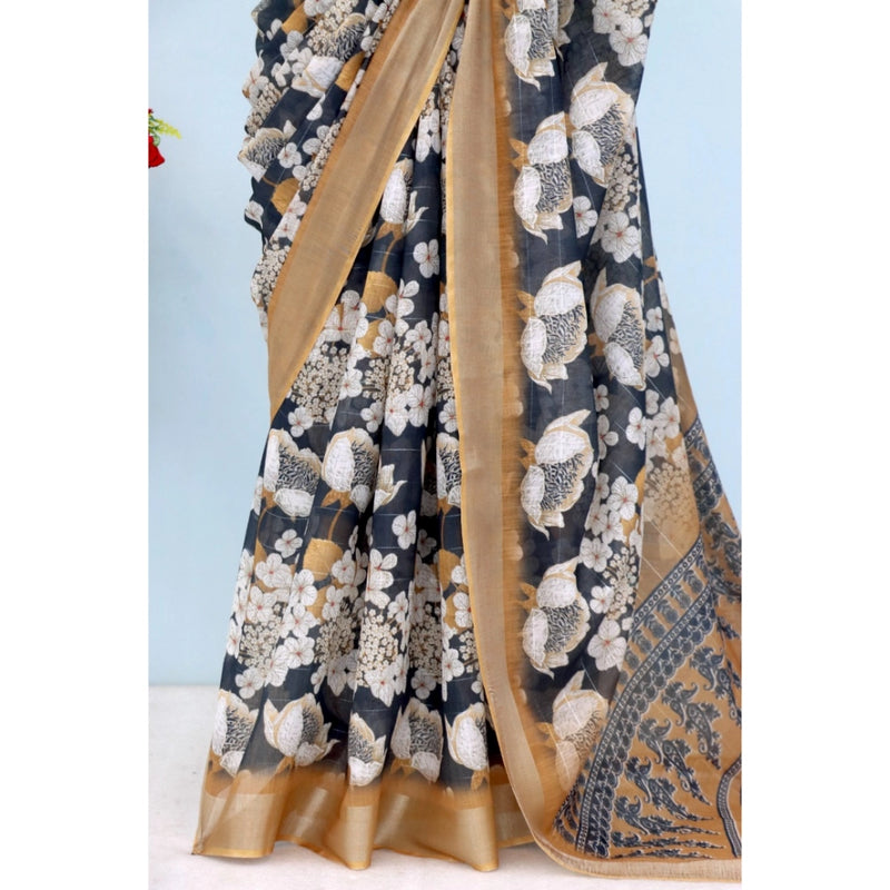 Mayawye Women's Linen Digital Print Saree With Unstitched Blouse 5.5Mtr (Black)