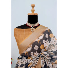 Mayawye Women's Linen Digital Print Saree With Unstitched Blouse 5.5Mtr (Black)