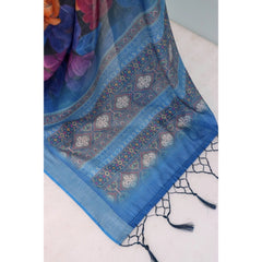 Mayawye Women's Linen Digital Print Saree With Unstitched Blouse 5.5Mtr (Blue)
